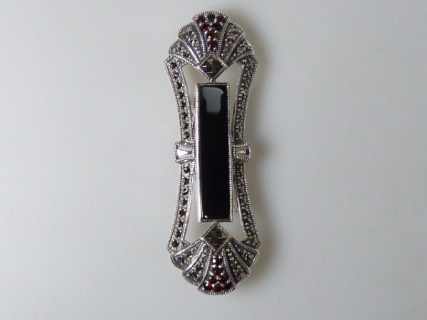 925 SILVER BROOCH & PENDANT WITH MARCASITE, ONYX AND GARNET