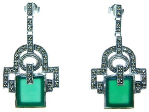SILVER 925 ART DECO EARRING WITH MARCASITE AND GREEN AGATE