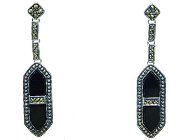 SILVER 925 ART DECO EARRING WITH MARCASITE AND ONYX