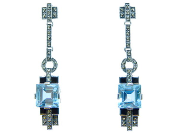 SILVER 925 EARRING WIH MARCASITE,ONYX AND SKY BLUE TOPAZ