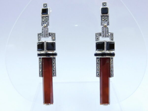 SILVER 925 EARRING WITH MARCASITE, ONYX AND CANELIAN