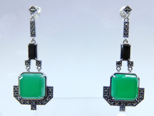 SILVER 925 EARRING WITH GREEN AGATE, ONYX