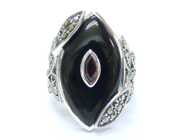 SILVER 925 RING WITH MARCASITE, GARNET AND ONYX