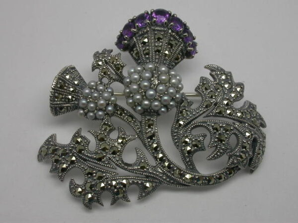 SILVER 925 BROOCH WITH MARCASITE,PEARL AND AMETHYST