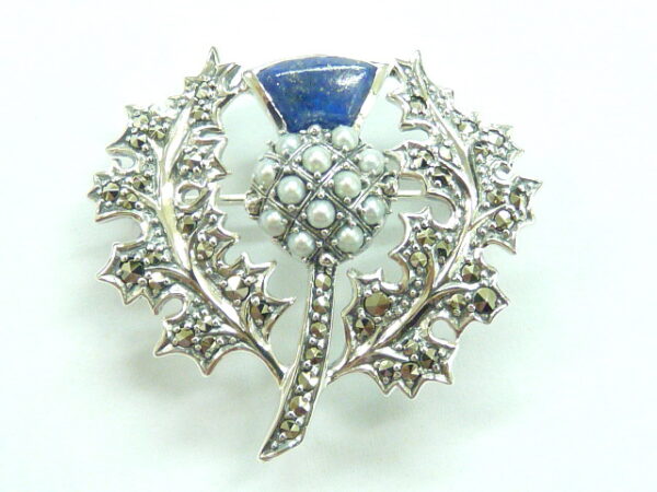 SILVER 925 BROOCH WITH MARCASITE,PEARL AND LAPIS