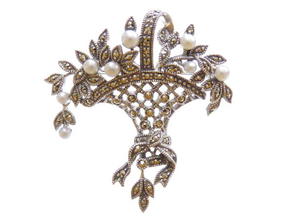 Basket Brooch with Marcasites and Pearls