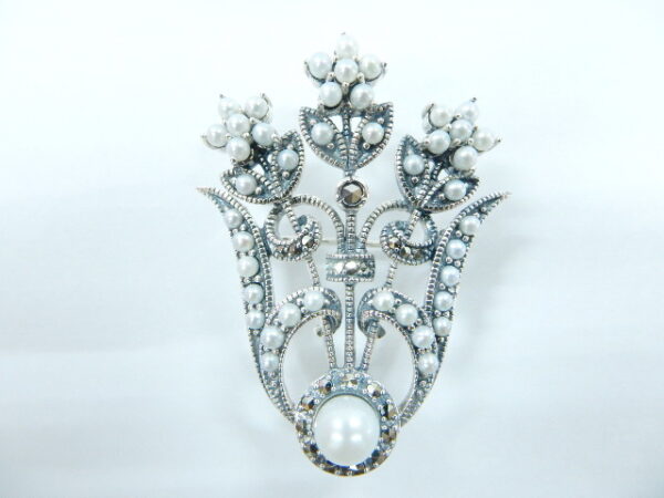 SILVER 925 BROOCH & PENDANT WITH MARCASITE AND PEARL