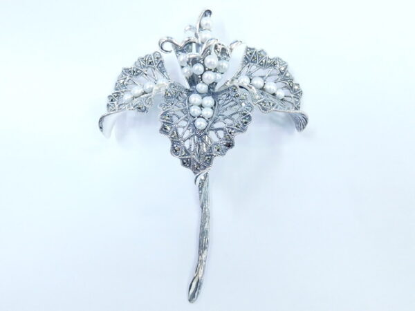 SILVER 925 ORCHID BROOCH & PENDANT WITH MARCASITE AND PEARL