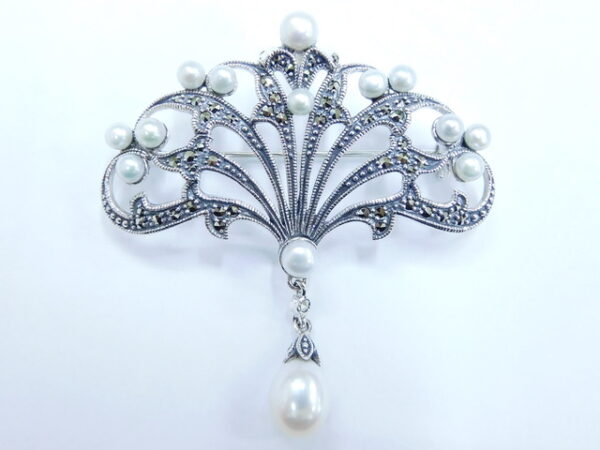 SILVER 925 BROOCH & PENDANT WITH MARCASITE AND PEARL