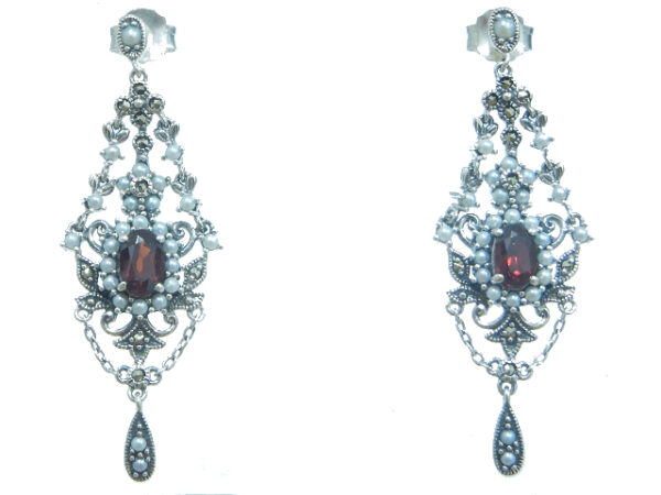 SILVER 925 EARRING WITH MARCASITE, PEARL AND GARNET