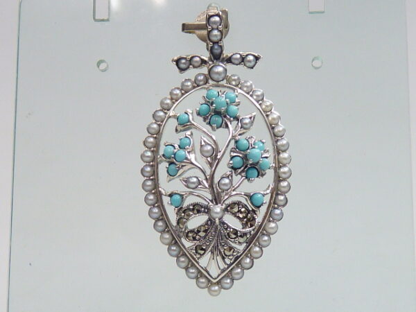 925 SILVER PENDANT WITH MARCASITE, PEARL AND TURQUOISE
