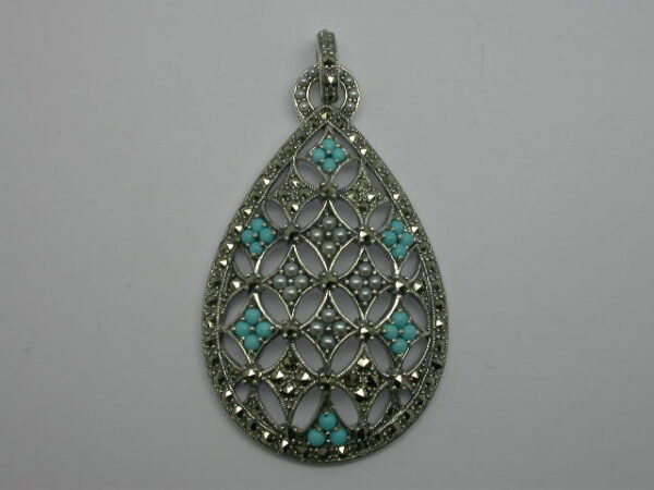 SILVER 925 PENDANT WITH MARCASITE, PEARL AND TURQUOISE