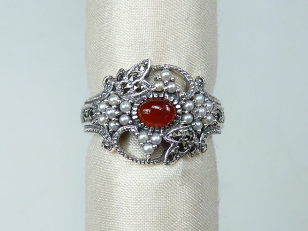 SILVER 925 RING WITH MARCASITE, PEARL AND CARNELIAN