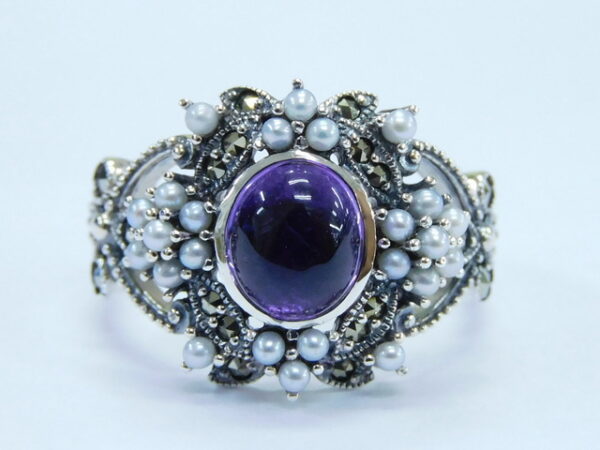 SILVER 925 RING WITH MARCASITE,PEARL AND AMETHYST