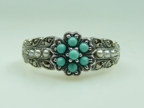 SILVER 925 FLOWER STUD RING WITH MARCASITE, PEARL AND TURQUOISE