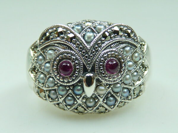 SILVER 925 OWL RING WITH MARCASITE, PEARL AND RUBY