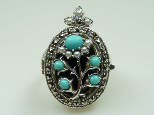 SILVER 925 RING WITH MARCASITE, PEARL, ONYX AND TURQUOISE