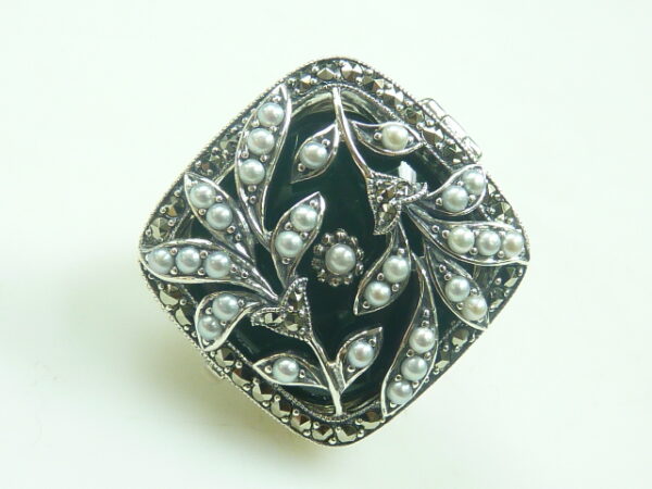 SILVER 925 RING WITH MARCASITE, PEARL AND GREEN AGATE