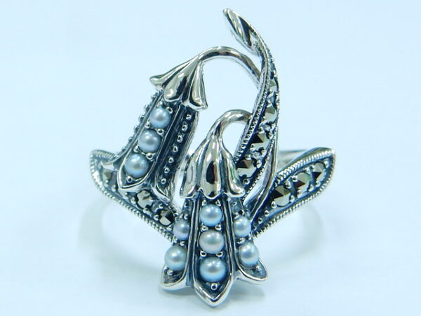 SILVER 925 LILY OF THE VALLEY RING WITH MARCASITE AND PEARL