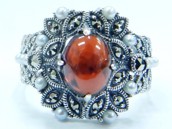 SILVER 925 RING WITH GARNET,MARCASITE AND PEARL
