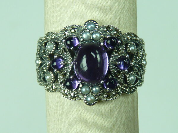 SILVER 925 RING WITH MARCASITE, PEARL AND AMETHYST