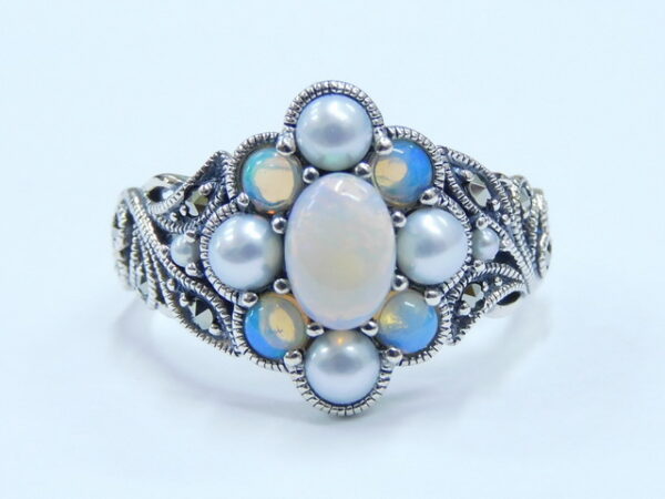 SILVER 925 RING WITH MARCASITE, PEARL AND OPAL