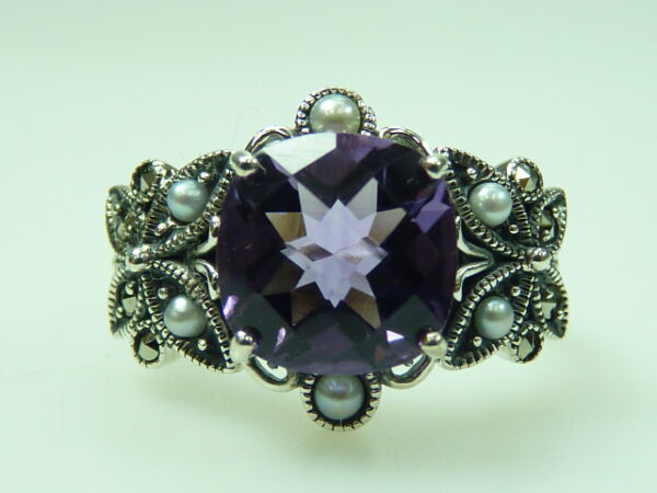 SILVER 925 RING WITH MARCASITE,PEARL AND AMETHYST