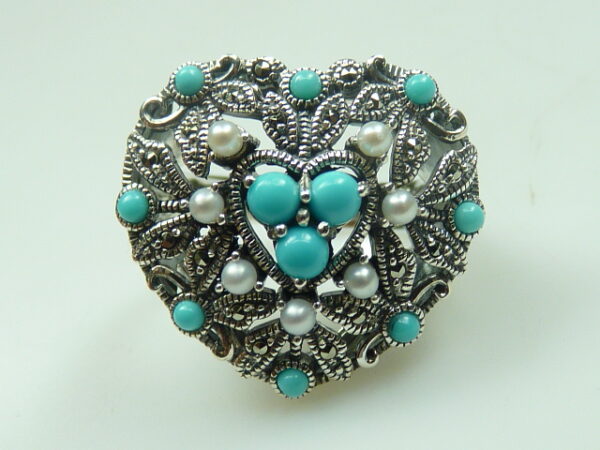 SILVER 925 RING WITH MARCASITE,PEARL AND TURQUOISE
