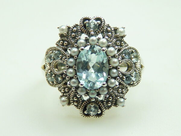 SILVER 925 RING WITH PEARL AND BLUE TOPAZ