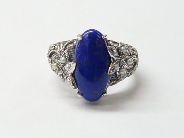 925 SILVER RING WITH LAPIS,MARCASITE AND PEARL