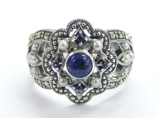 SILVER 925 RING WITH MARCASITE,PEARL AND LAPIS