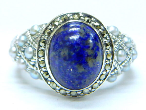 SILVER 925 RING WITH MARCASITE,PEARL AND LAPIS