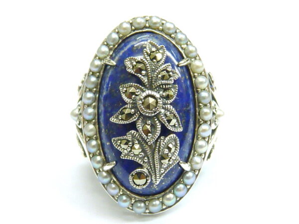 SILVER 925 RING WITH MARCASITE, PEARL AND LAPIS