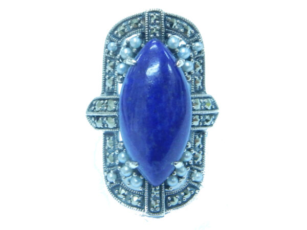 SILVER 925 RING WITH MARCASITE, PEARL AND LAPIS