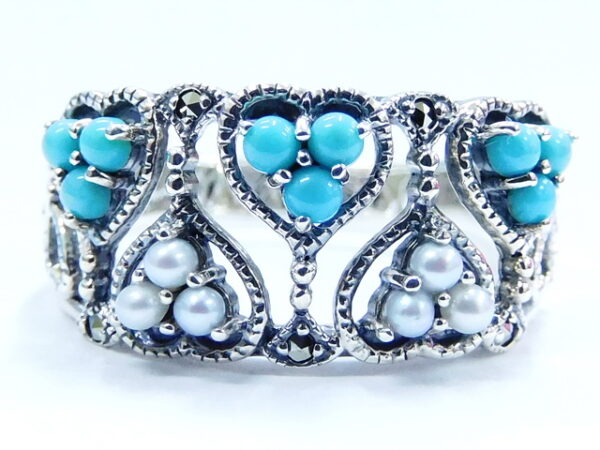 SILVER 925 FILIGREE RING WITH MARCASITE, PEARL AND TURQUOISE