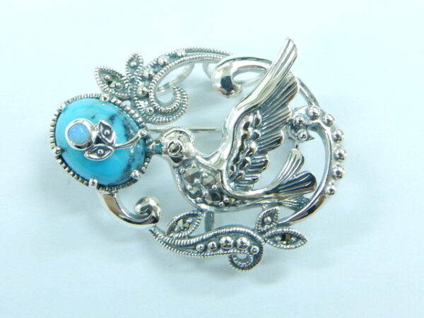 SILVER 925 BROOCH WITH OPAL,TURQUOISE AND MARCASITE