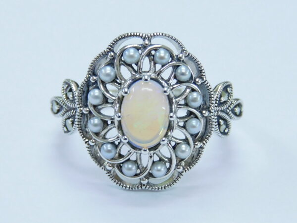 SILVER 925 RING WITH MARCASITE,PEALR AND OPAL