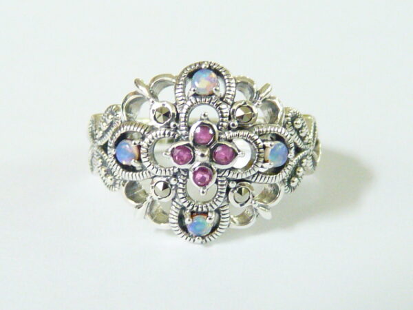 SILVER 925 RING WITH MACASITE,OPAL AND RUBY