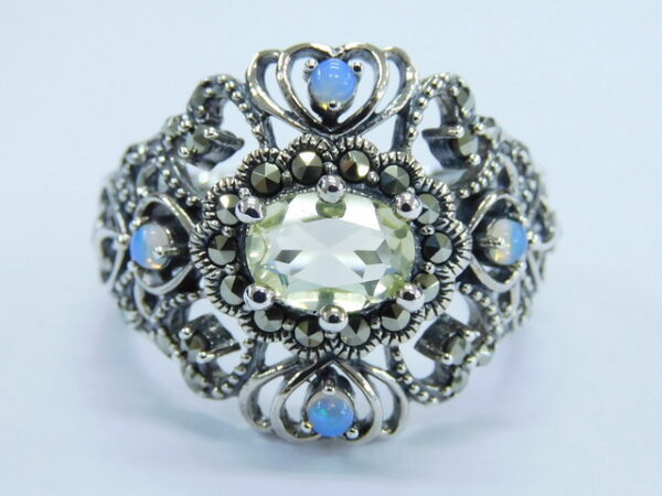 925 SILVER RING WITH LEMON QUARTZ, MARCASITE AND OPAL