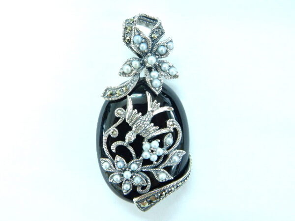 SILVER 925 BROOCH & PENDANT WITH MARCASITE, PEARL AND ONXY