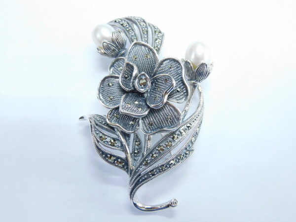 Silver 925 Theodore Fahrner inspired Flower Brooch with Marcasite and Pearl