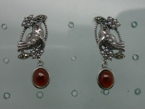 SILVER 925 EARRING WITH MARCASITE,GARNET AND PEARL