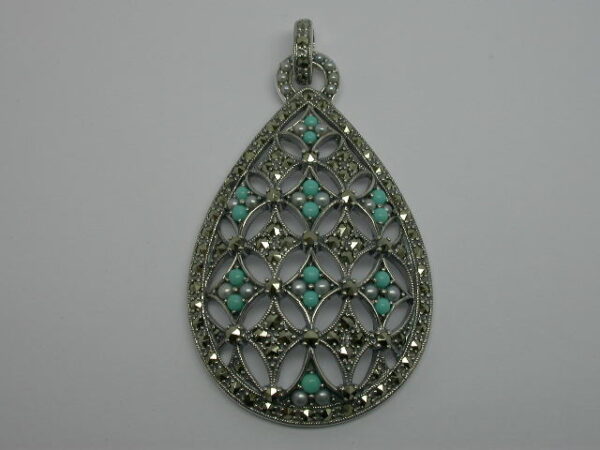 SILVER 925 PENDANT WITH MARCASITE, PEARL AND TURQUOISE