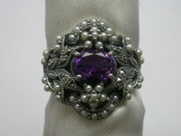 SILVER 925 RING WITH MARCASITE, PEARL AND AMETHYST