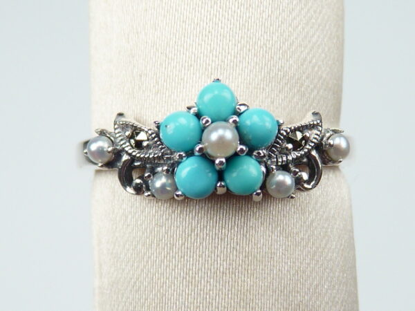 SILVER 925 RING WITH MARCASITE, PEARL AND TURQUOISE