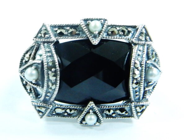 SILVER 925 RING WITH PEARL,MARCASITE AND ONYX