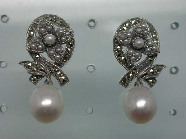 SILVER 925 EARRING WITH MARCASITE AND PEARL