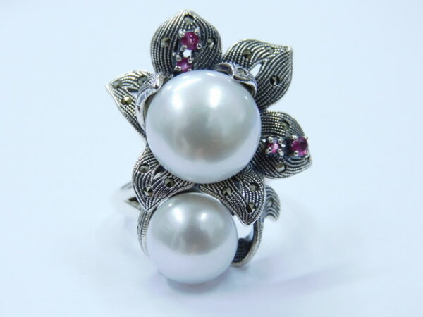 SILVER 925 RING WITH MARCASITE, PEARL AND RUBY