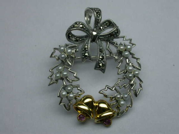 SILVER 925 BROOCH & PENDANT WITH MARCASITE , PEARL AND RUBY