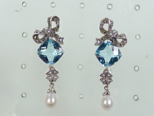 SILVER 925 EARRING WITH MARCASITE, PEARL AND SKY BLUE TOPAZ